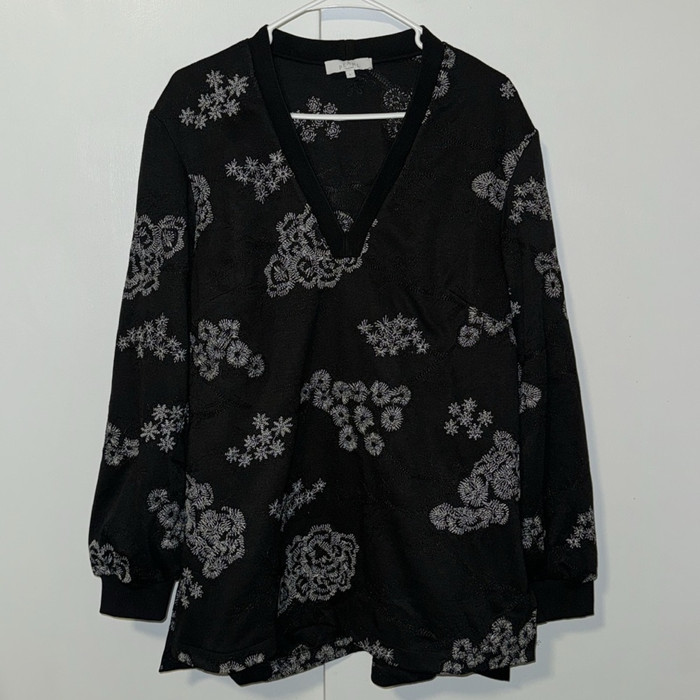 Pearl by Lela Rose Embroidered Jersey V-Neck Tunic Sweatshirt Black Women’s L - Picture 3 of 11